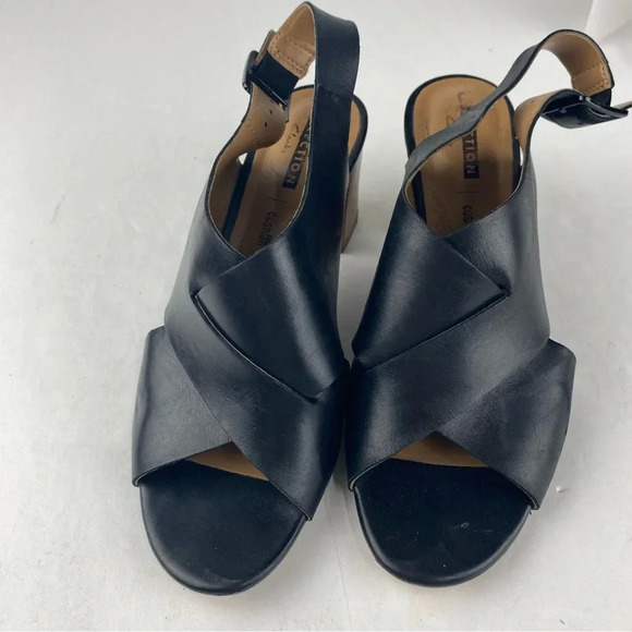Clarks Collection Womens 9.5 Black Leather Deva Janie Open Toe Heeled Sandals - Picture 4 of 6